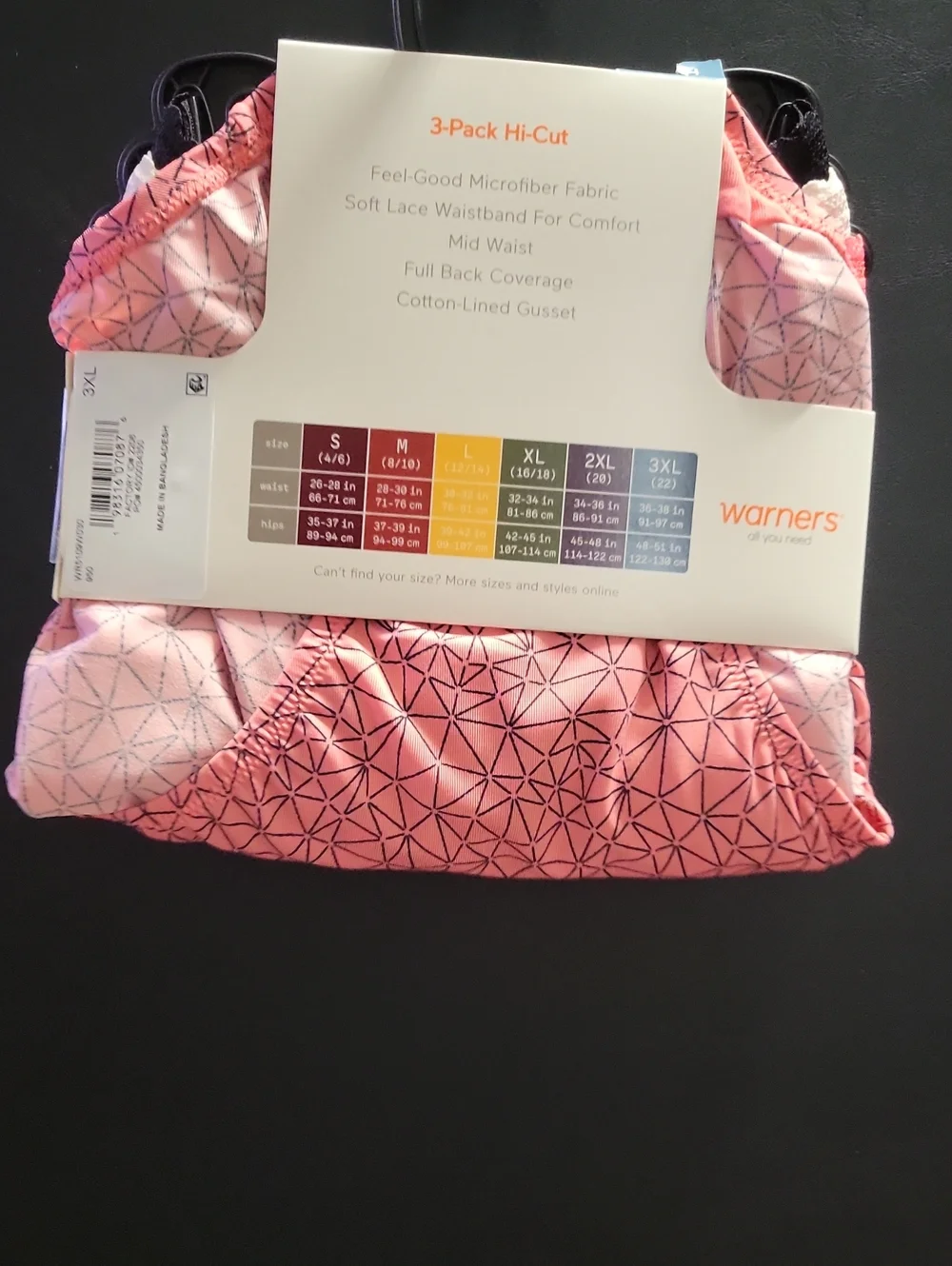Warners 3-Pack Microfiber Lace Hi-Cut Panties - Black, White, Coral/Peach.  T15